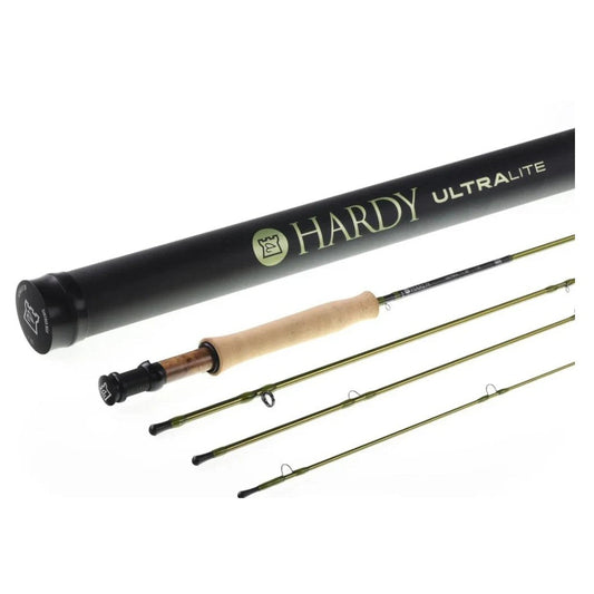 Hardy Ultralite LL 9'2" 4-piece fly rod in olive green with cork grip, wood reel seat insert, and Hardy Ultralite branded rod tube