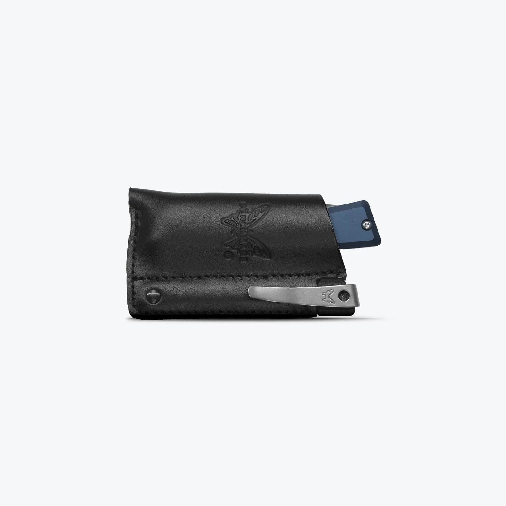Benchmade 315 Successor slip-joint folding knife with M390 drop-point blade, Crater Blue aluminum handle, and black leather sheath — USA-made EDC