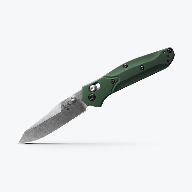 Benchmade Mini Osborne 945 folding knife with CPM-S30V reverse tanto blade and green anodized aluminum handle — USA-made EDC