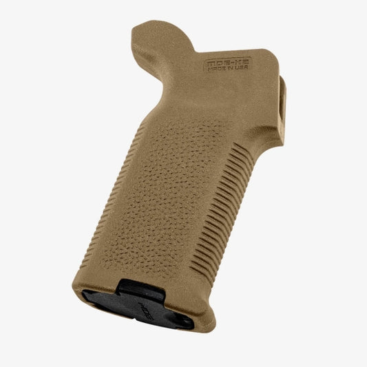 Magpul MOE K2 AR15 pistol grip in FDE — vertical angle, aggressive texture panels