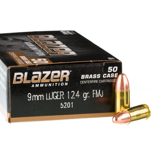 Blazer 9mm 124 grain FMJ centerfire pistol ammo 50 rounds — available at Glenwood Springs Outdoors, Glenwood Springs, CO