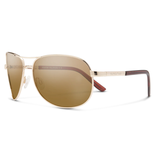 Suncloud Aviator polarized sunglasses in gold frame with polar brown lenses — classic aviator style for fishing and outdoor use, available at Glenwood Springs Outdoors, Glenwood Springs, CO