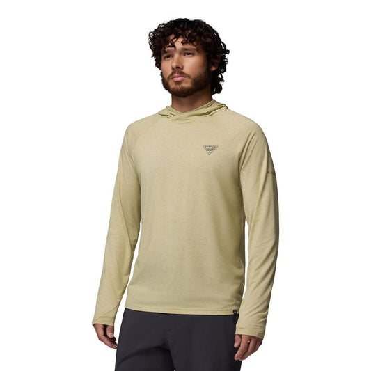 Columbia PFG Uncharted II Hoodie in Tan — UPF 50 sun hoodie for fishing, at Glenwood Springs Outdoors