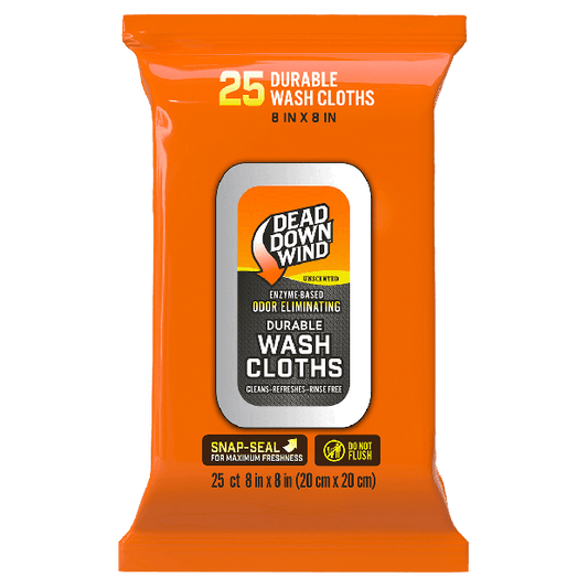 Dead Down Wind enzyme-based odor eliminating wash cloths, 25 count, 8x8 inch, unscented and rinse-free for hunting scent control
