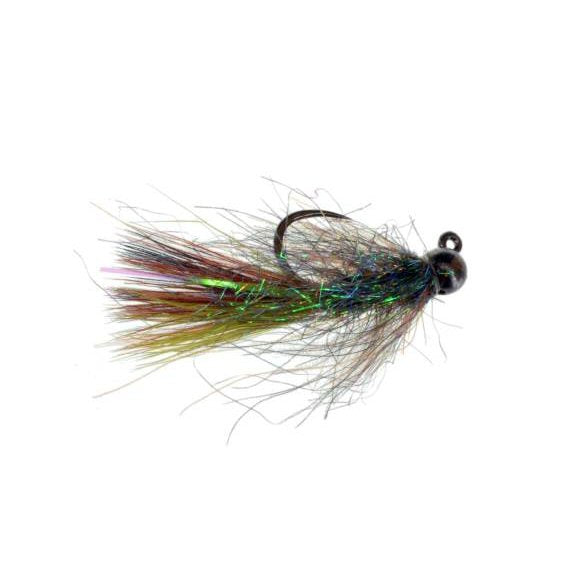 Jiggy Micro Thin Mint tungsten soft hackle jig fly in olive and brown with green flash, sizes 10 and 14, for Colorado trout fishing