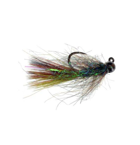 Jiggy Micro Thin Mint tungsten soft hackle jig fly in olive and brown with green flash, sizes 10 and 14, for Colorado trout fishing