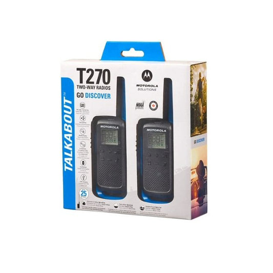 Motorola T270 two-way handheld radios, 2-pack, for outdoor group communication.