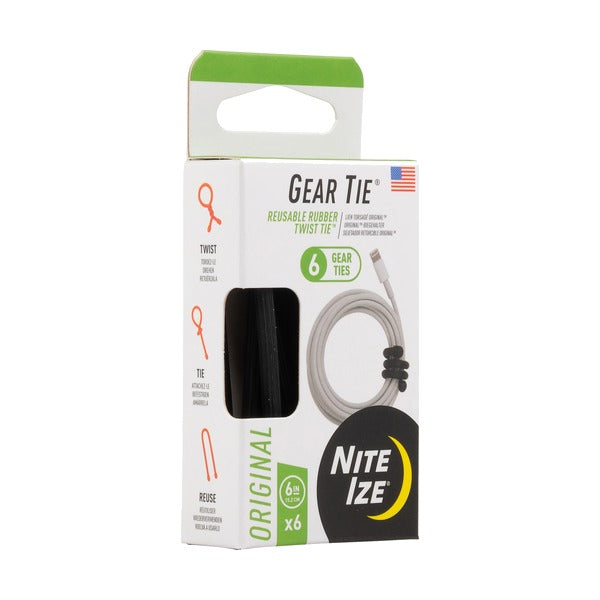 Nite Ize Gear Tie 6in Reusable Rubber Twist Tie Black 6-Pack