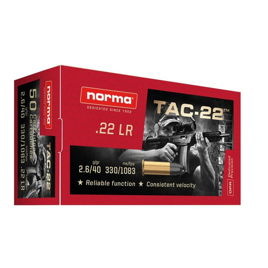 Norma Tac-22 40gr .22LR 500-round pack — reliable rimfire training and plinking ammunition, available in store at Glenwood Springs Outdoors
