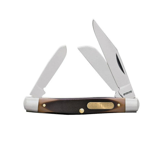 Old Timer Middleman 34OT three-blade pocket knife open showing clip, sheepfoot, and spey blades with brown sawcut Delrin handles, brass Old Timer shield, and nickel silver bolsters