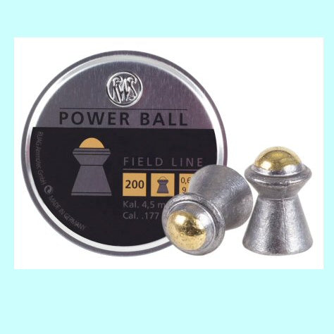 RWS Power Ball .177 caliber pellets — 200-count tin with steel ball tip hollow point for small game hunting