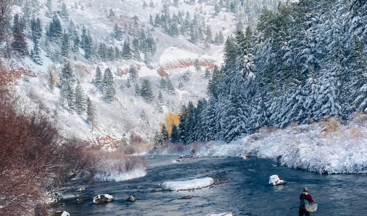 Fishing scene in a snowy mountain landscape with a river and trees.
