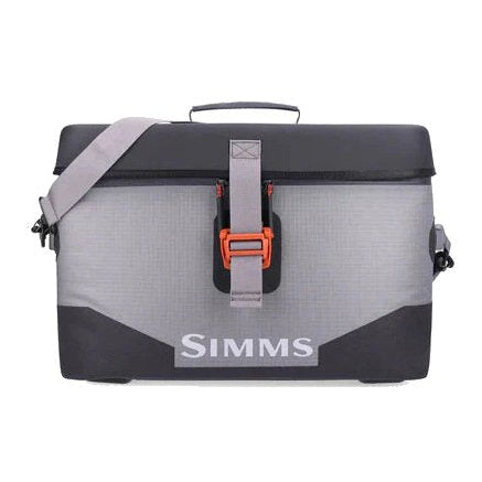 Simms Large Boat Bag open and packed with fly fishing gear on a drift boat, Colorado river in background
