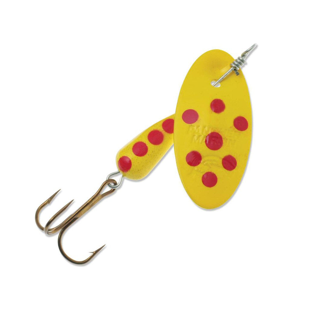 Panther Martin 1/16oz Spotted Yellow spinner — small-size warm-pattern inline trout spinner for Colorado rivers and streams, available at Glenwood Springs Outdoors