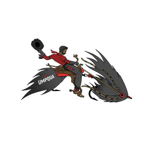 Umpqua Streamer Cowboy Sticker — illustrated cowboy riding a streamer fly, fly fishing sticker by Umpqua