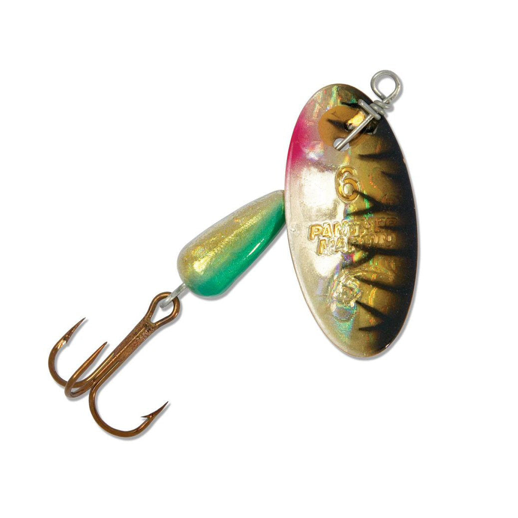 Panther Martin 1/16oz Tiger Black Holographic spinner — small-size dark-pattern inline trout spinner for clear, pressured water on Colorado rivers, available at Glenwood Springs Outdoors