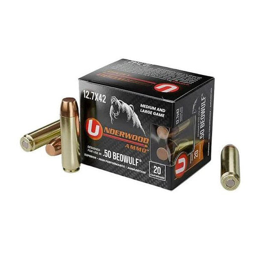 Underwood .50 Beowulf 12.7x42 350gr FMJ ammunition — 20-round box for big-bore AR-15 builds