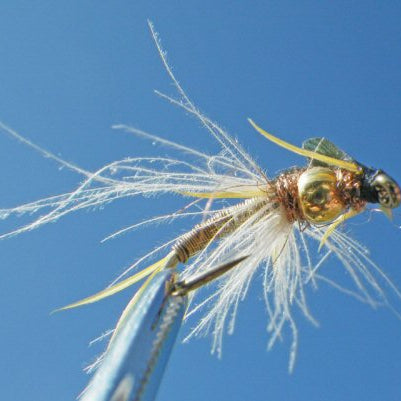 Wayne's CDC Golden Stone bead head golden stonefly nymph with CDC collar, size #14