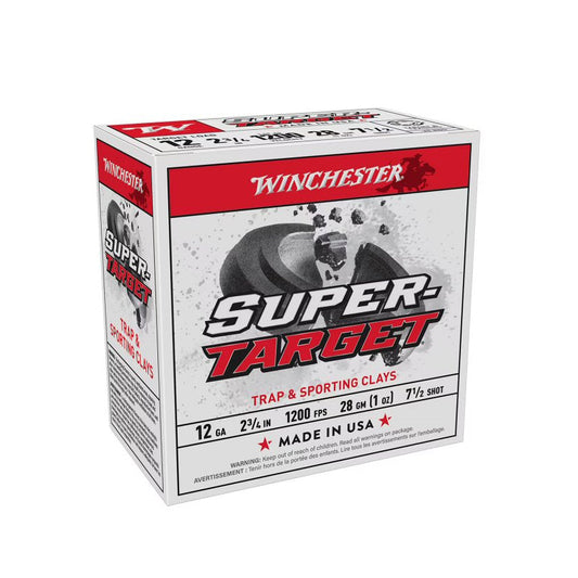 Winchester Super Target 12GA 2-3/4" 1oz #7.5 lead shot target load — case of 250 rounds for trap, skeet, and sporting clays, available at Glenwood Springs Outdoors