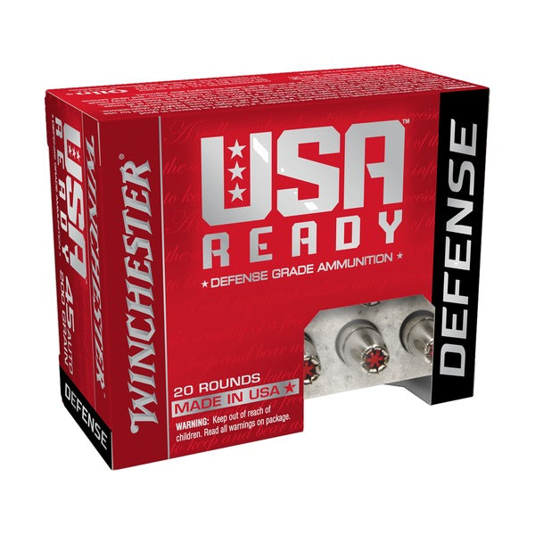 Winchester USA Ready Defense RED45HP .45 Auto 200gr Hex-Vent JHP box, 20 rounds, front studio
