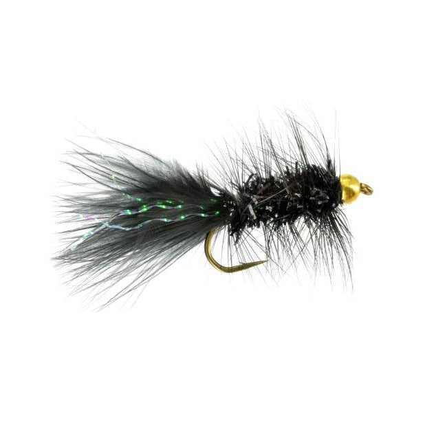 BH Crystal Bugger black beadhead streamer fly with crystal chenille body and marabou tail for trout fishing
