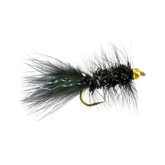 BH Crystal Bugger black beadhead streamer fly with crystal chenille body and marabou tail for trout fishing
