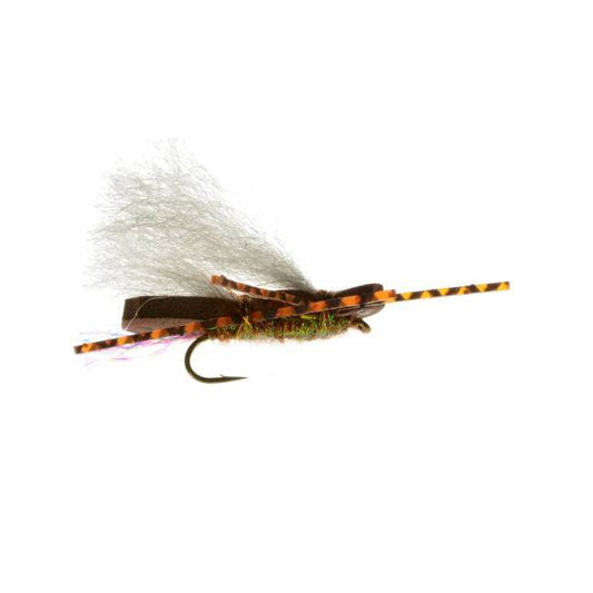 Chubby Chernobyl golden brown foam terrestrial attractor dry fly for trout fishing, matching late-season hoppers and golden stoneflies on Colorado rivers