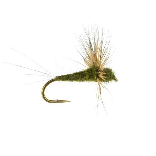 BWO Comparadun dry fly — olive-green body with flared deer hair wing and sparse split tails, no hackle, on a fine wire hook for Blue-Winged Olive hatches
