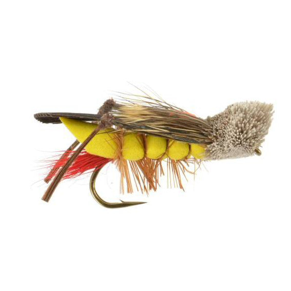 Dave's Foam Hopper grasshopper dry fly — segmented yellow foam body, mottled brown wing, grey spun deer hair head, brown rubber legs, and red indicator tail on a heavy wire hook