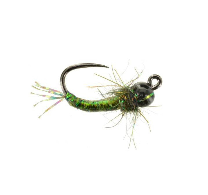 Jiggy Caddis Larva TB olive tungsten jig nymph sizes 14 and 18 for caddis hatch fishing on the Roaring Fork and Frying Pan rivers in Colorado