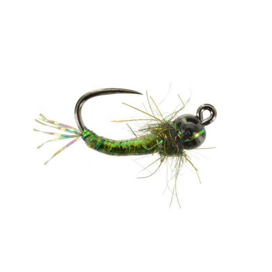 Jiggy Caddis Larva TB olive tungsten jig nymph sizes 14 and 18 for caddis hatch fishing on the Roaring Fork and Frying Pan rivers in Colorado