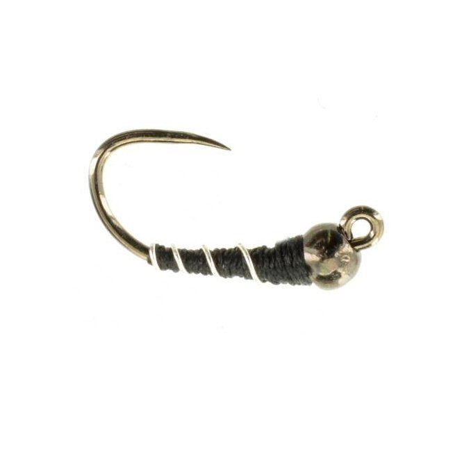 "Jiggy Zebra Midge TB black tungsten jig midge pupa size 20 for tailwater trout fishing on the Frying Pan and Roaring Fork rivers in Colorado"