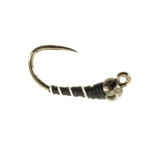 "Jiggy Zebra Midge TB black tungsten jig midge pupa size 20 for tailwater trout fishing on the Frying Pan and Roaring Fork rivers in Colorado"