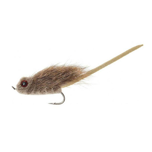 Mighty Mouse Grey terrestrial dry fly — realistic grey and brown deer hair mouse body with red bead eye, long tan rubber tail, and heavy wire hook for skating big trout on Colorado rivers