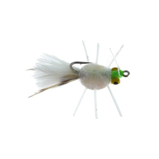 North Country Raghead Crab saltwater fly in white with chartreuse eyes, size 2, for redfish, bonefish, and permit on the flats