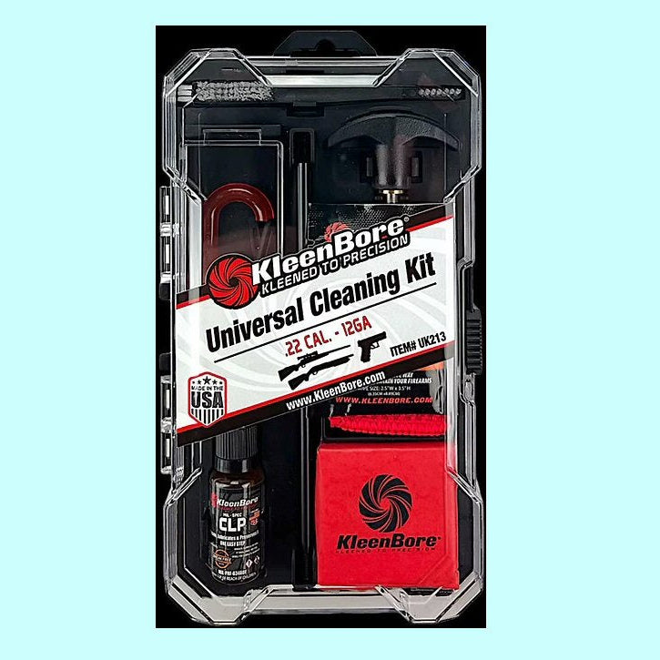 Kleen-Bore Universal Gun Cleaning Kit – Steel Rods for .22 Cal to 12 Gauge with CLP, Patches & Bore Light